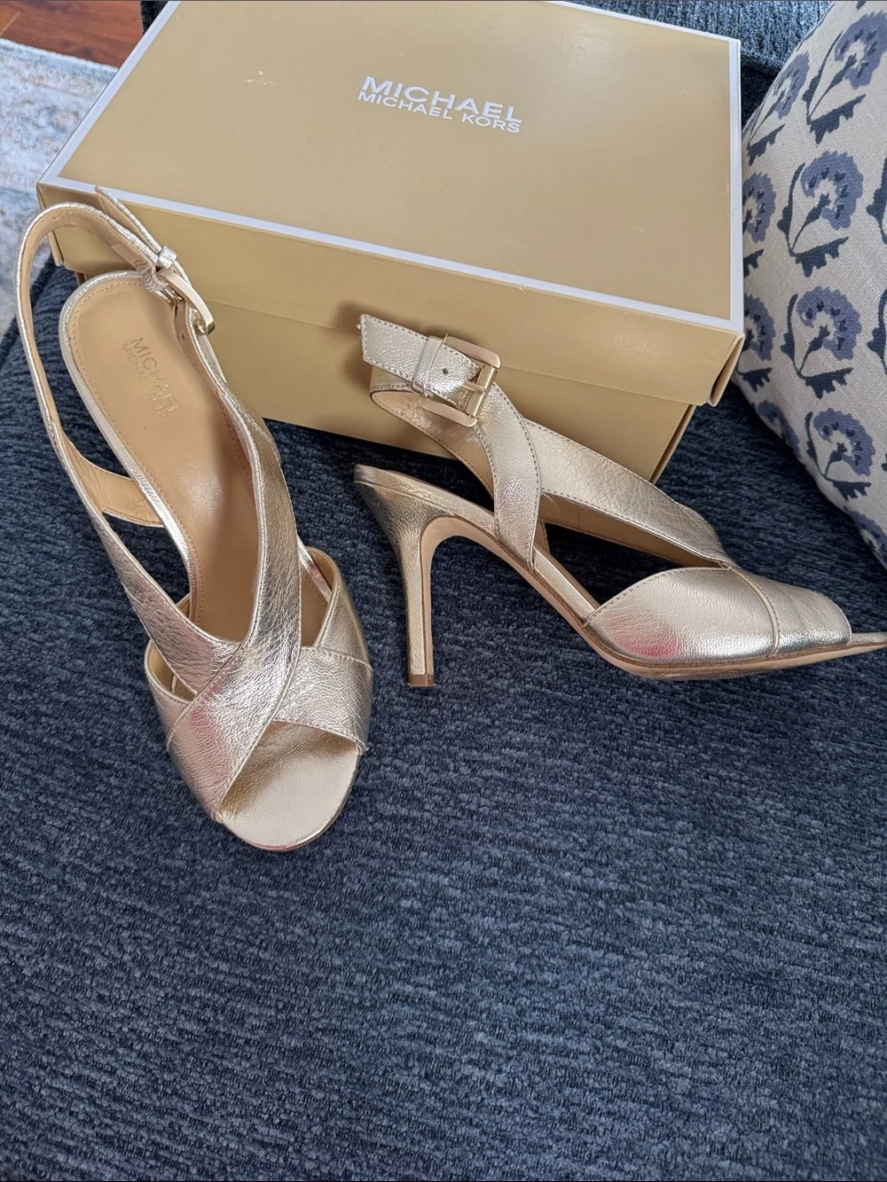 Michael Kors Metallic Gold Crisscross Peep-Toe Slingback Heels